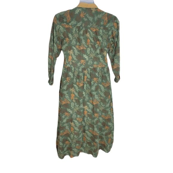 VINTAGE 90s dress corduroy green leaf print button up maxi M - Picture 2 of 11